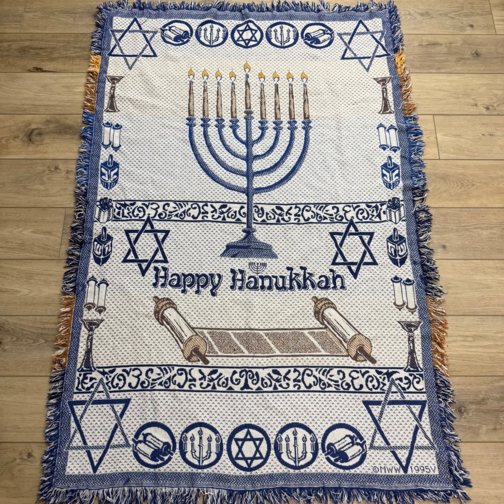 Vintage MWW 1995 Happy Hanukkah Woven Tapestry Throw Blanket Menorah Star David